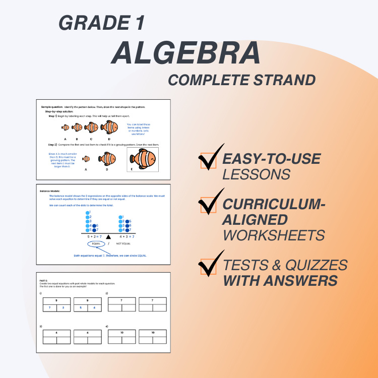 Grade 1 Algebra complete strand with easy-to-use lessons, curriculum-aligned worksheets, and tests/quizzes with answers on a gradient background.