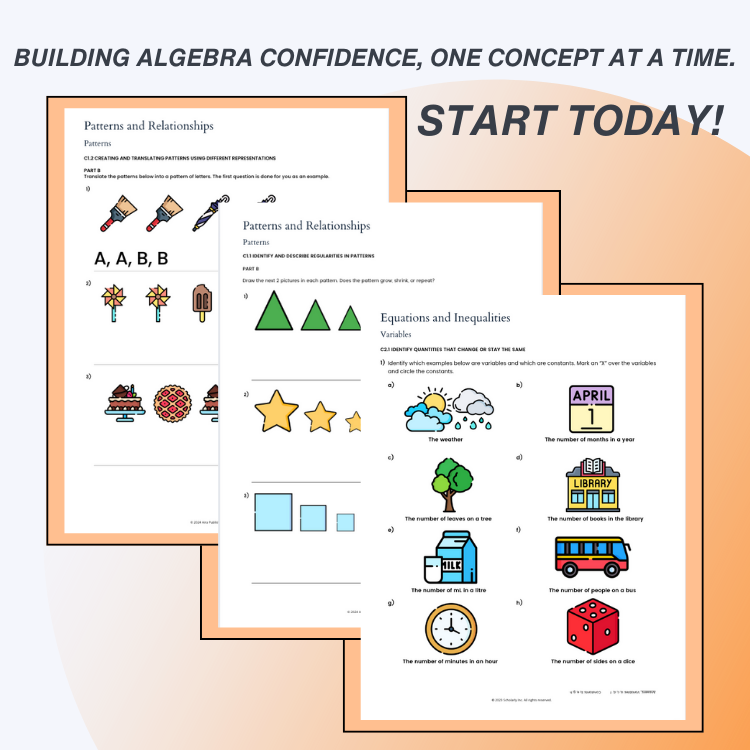 Educational worksheets on a light orange background with text promoting algebra confidence.
