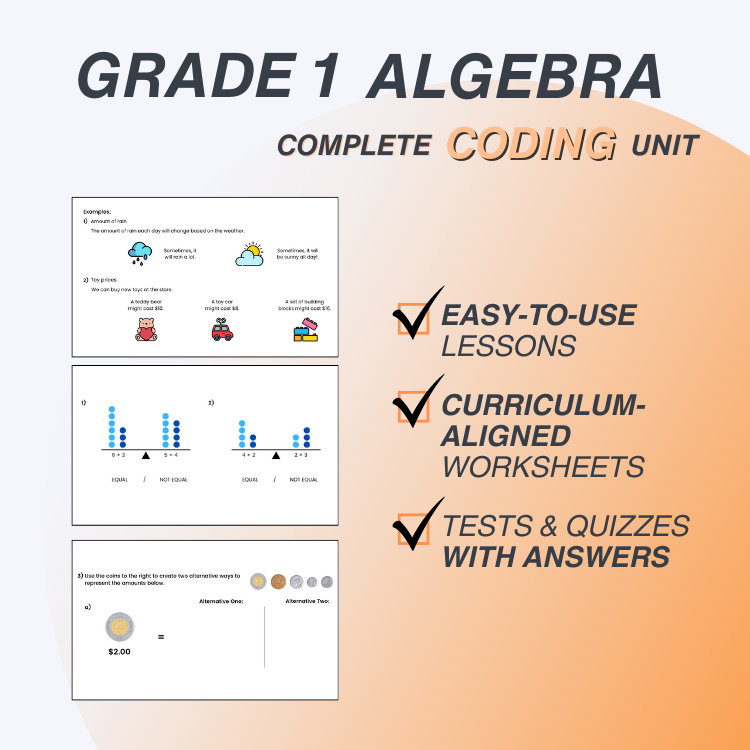 Grade 1 Algebra complete coding unit with curriculum-aligned worksheets, tests, and quizzes on a gradient background.