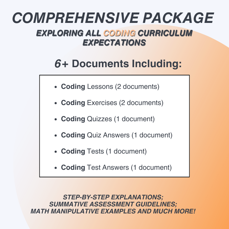 Promotional graphic for a comprehensive coding curriculum package with document list on a gradient background.