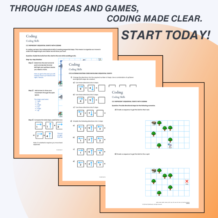 Educational materials with coding concepts and game design on a white background
