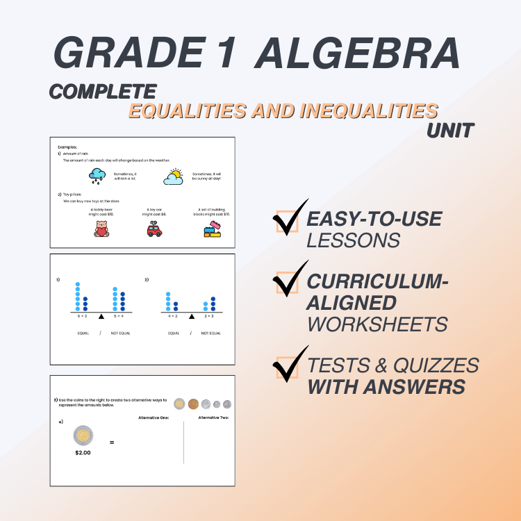 Advertisement for Grade 1 Algebra complete unit on equalities and inequalities with examples and features listed.