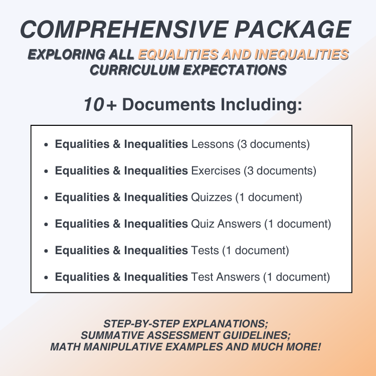 Promotional text for a comprehensive package on equalities and inequalities curriculum expectations with a gradient background.