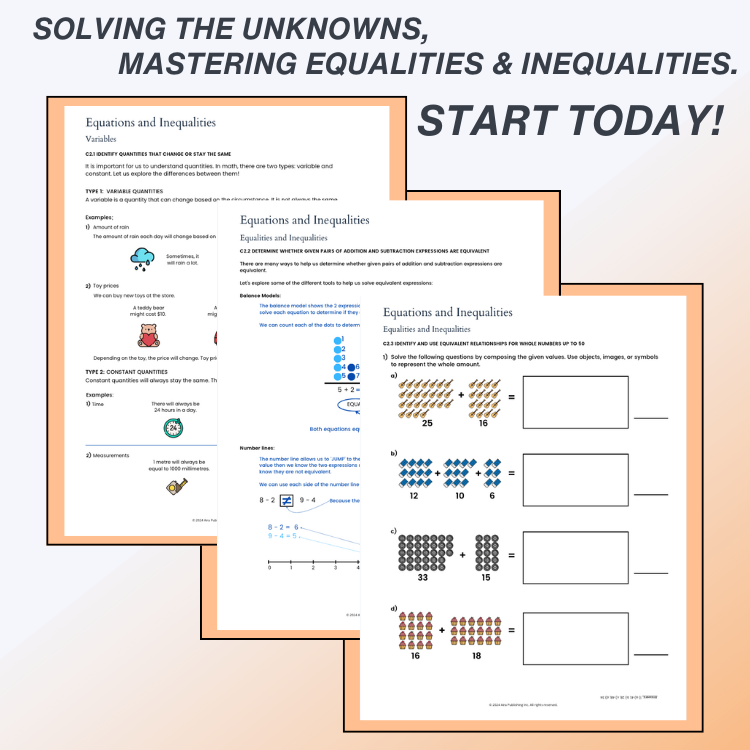 Educational materials on equations and inequalities with text 'Solving the Unknowns, Mastering Equalities & Inequalities. Start Today!'.