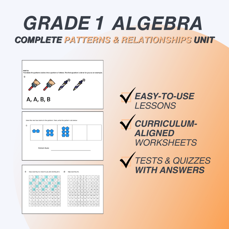 Grade 1 Algebra unit materials with worksheets and text on a gradient background