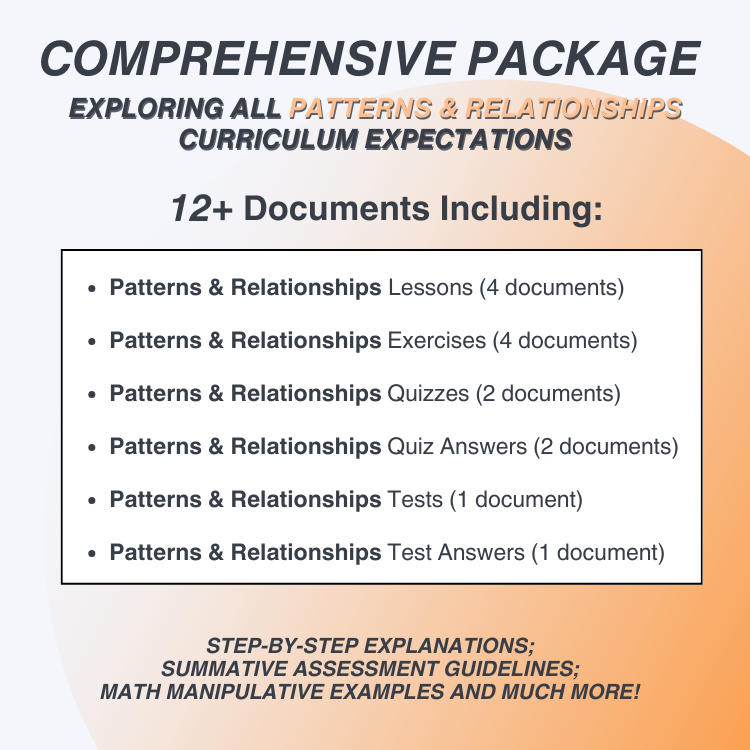 Promotional graphic for a comprehensive package on patterns and relationships curriculum expectations with a gradient background.