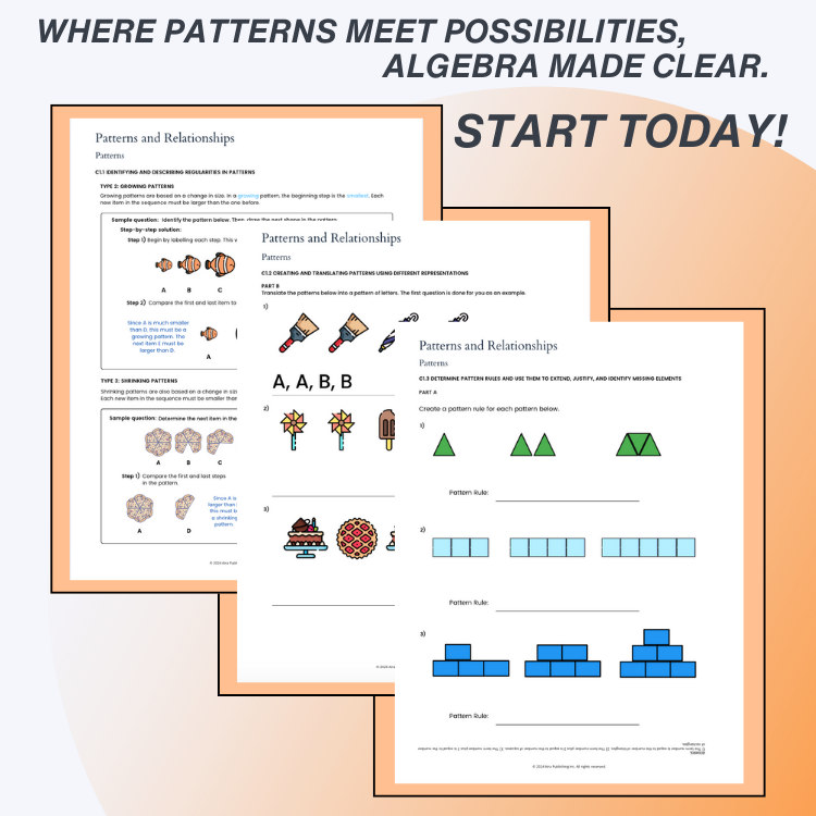 Educational materials on patterns and relationships with text 'Where patterns meet possibilities, algebra made clear. Start today!'.