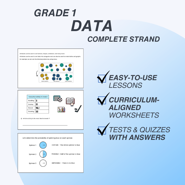 Grade 1 Data Complete Strand with easy-to-use lessons, curriculum-aligned worksheets, and tests & quizzes with answers on a light blue background.