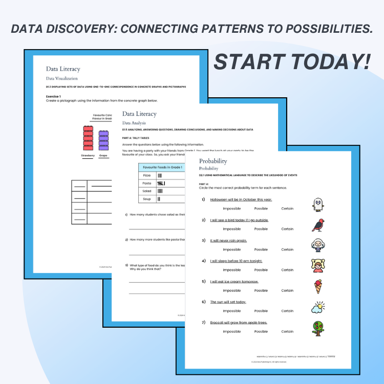 Educational materials on data literacy with text 'Data Discovery: Connecting Patterns to Possibilities. Start Today!' on a blue background.