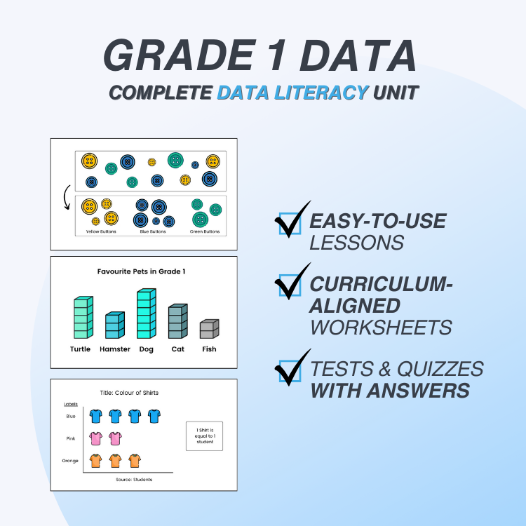 Grade 1 Data Literacy Unit with charts and text on a light blue background