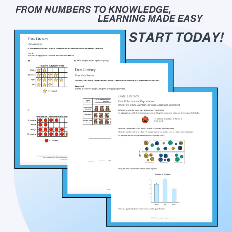 Educational material on data literacy with charts and text, framed by a blue border.
