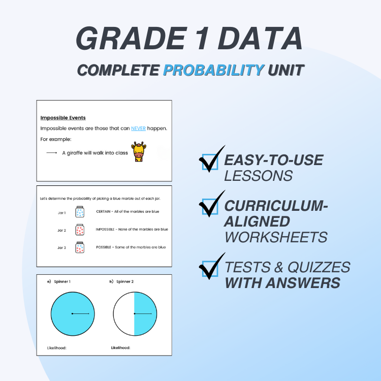 Grade 1 Data Probability Unit with lesson slides and checkmarks on a light blue background