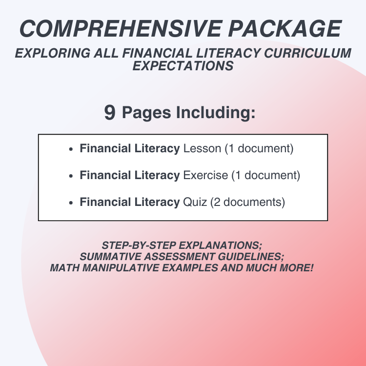 Promotional text for a comprehensive financial literacy package with 9 pages on a gradient background.