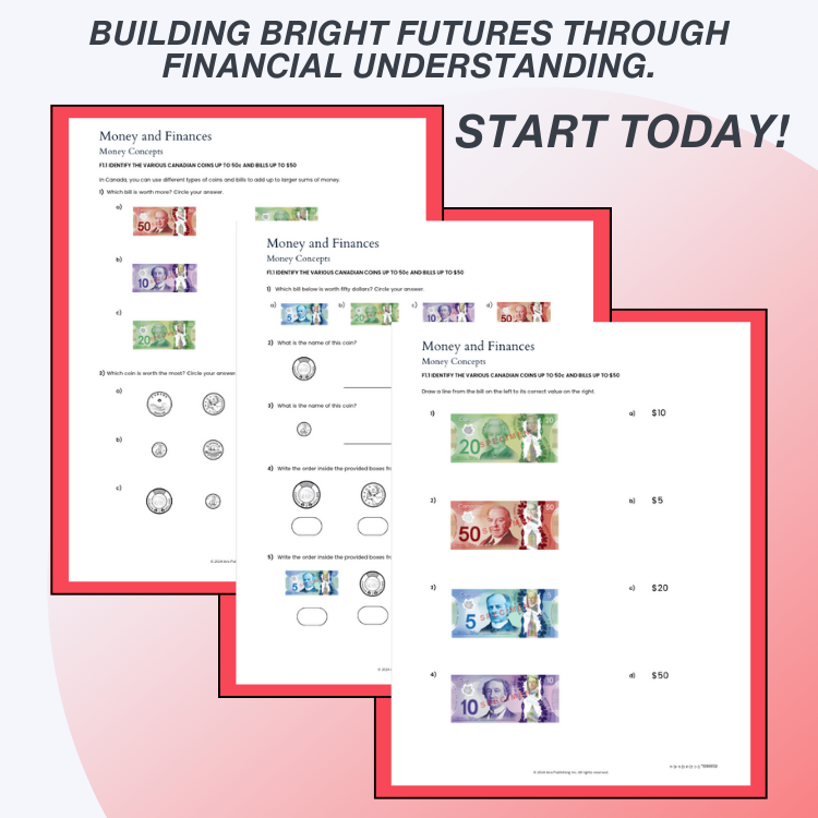 Educational material on money and finances with a pink background and text about financial understanding.