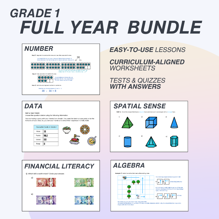 Grade 1 full year educational bundle with various subjects on a gradient background