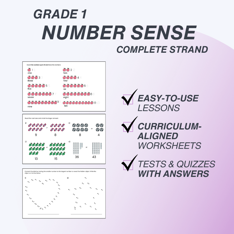 Educational materials for Grade 1 Number Sense on a purple background