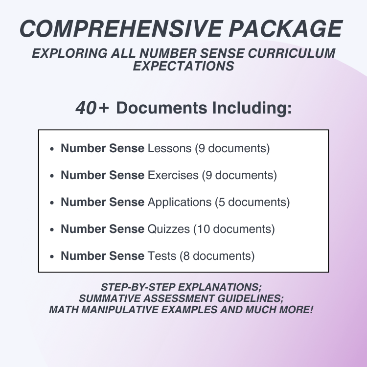 Promotional text for a comprehensive number sense curriculum package with document list on a gradient background.