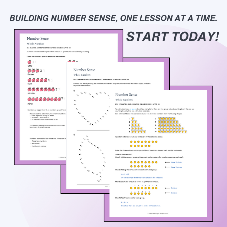 Educational worksheets on number sense with a purple border and text overlay.