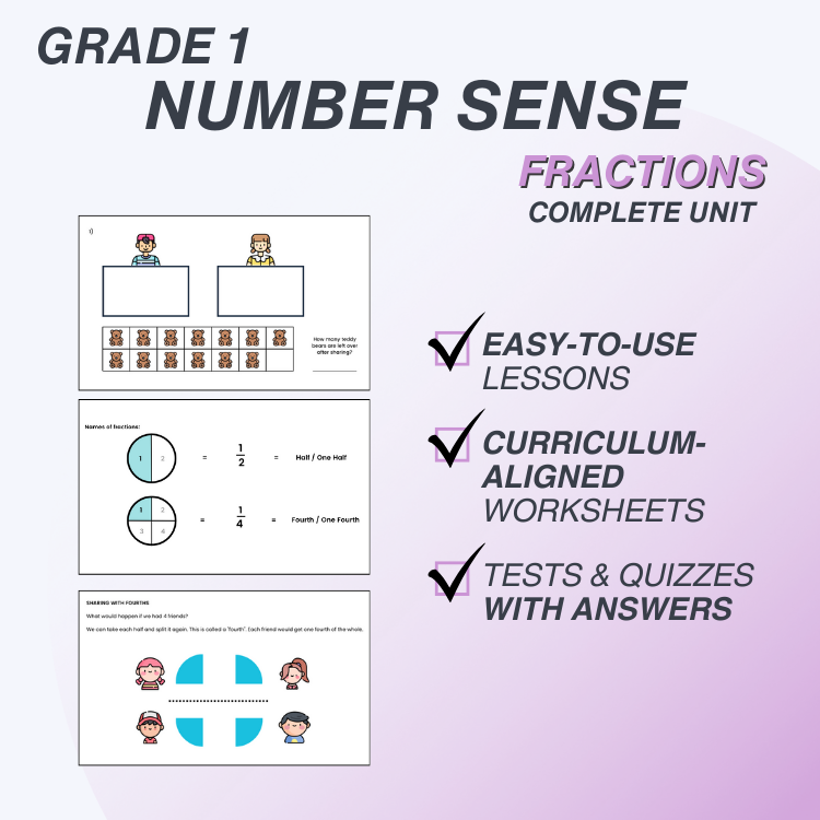 Educational materials for Grade 1 Number Sense Fractions on a gradient background