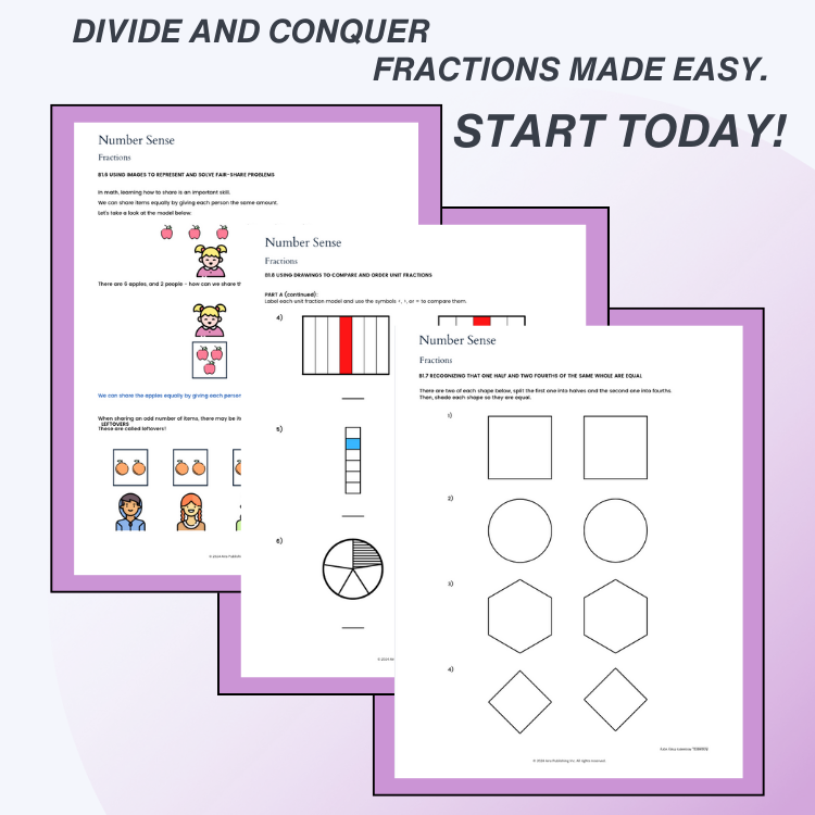Educational fraction worksheets with a purple border and text promoting 'Divide and Conquer' fractions.