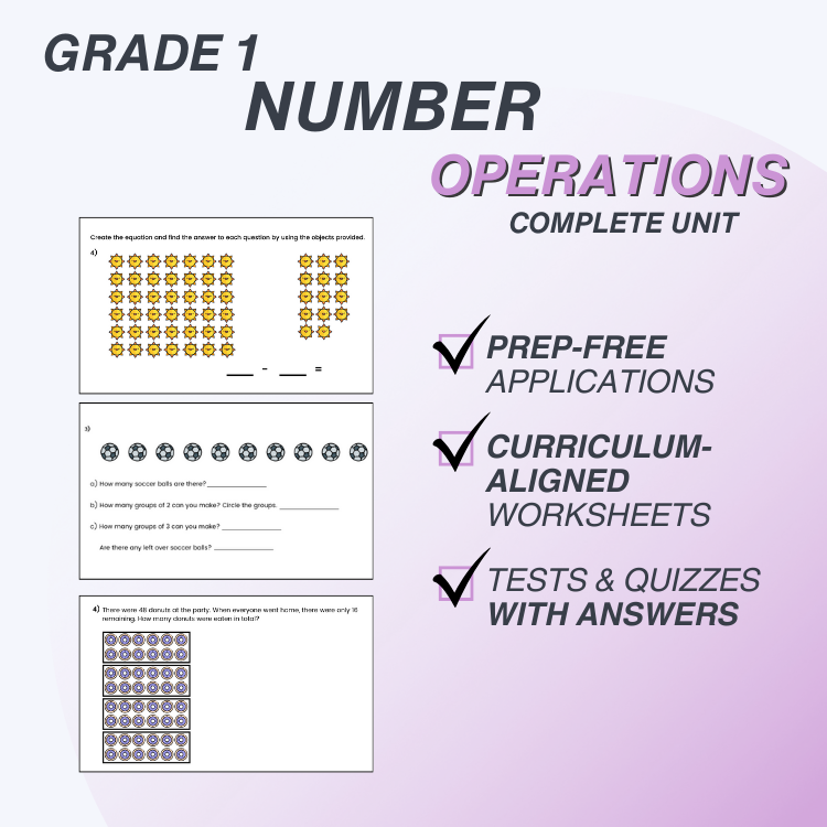 Educational materials for Grade 1 Number Operations on a gradient purple background