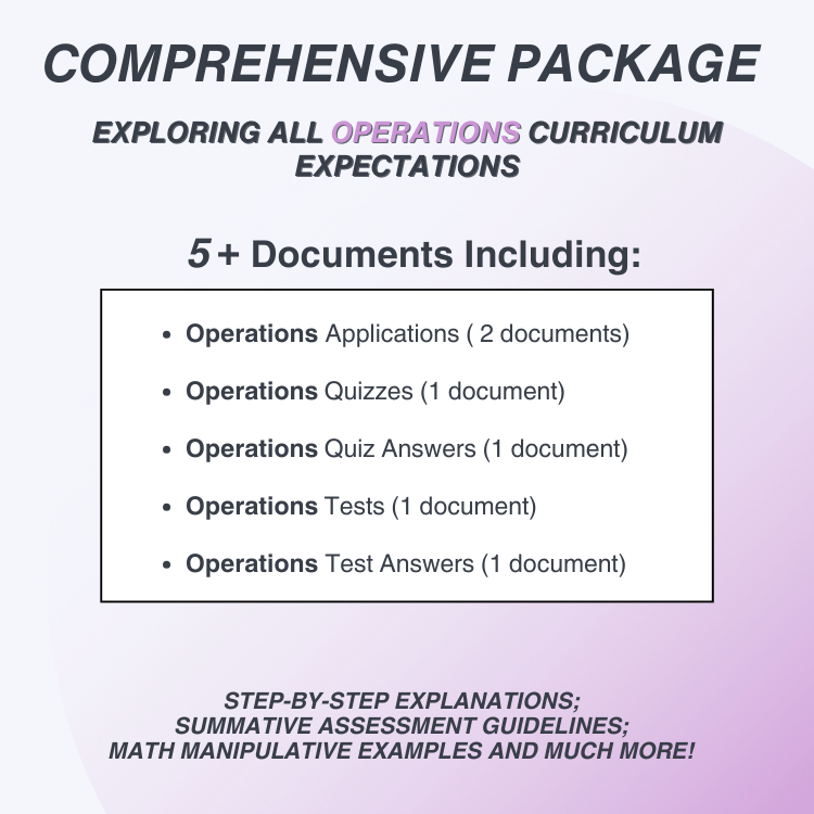 Promotional text for a comprehensive package exploring all operations curriculum expectations with document list on a gradient background.