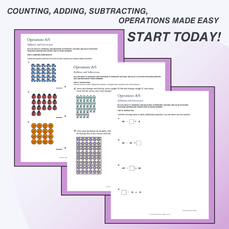 Educational worksheets with counting and adding/subtracting exercises on a purple background.