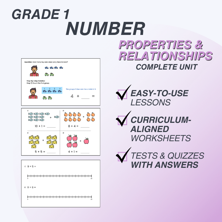 Educational materials for Grade 1 Number Properties & Relationships on a purple background