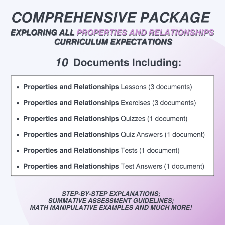 Promotional text for a comprehensive package on properties and relationships curriculum expectations with a purple gradient background.