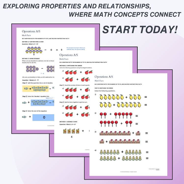 Educational math worksheet with colorful illustrations on a purple background
