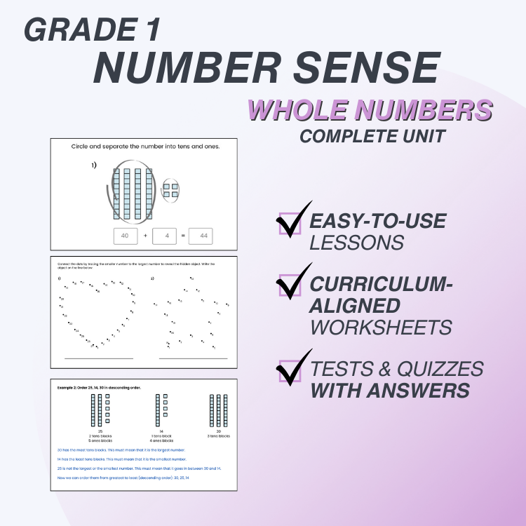 Promotional graphic for Grade 1 Number Sense Whole Numbers complete unit with examples of lessons and worksheets.