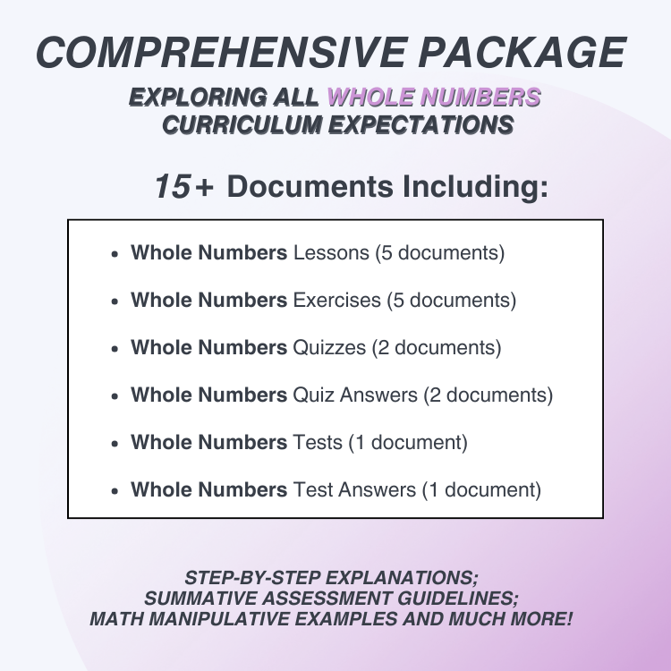 Promotional graphic for a comprehensive package on whole numbers curriculum expectations with document list and features.