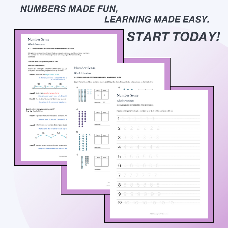 Educational worksheets on a light purple background with promotional text.