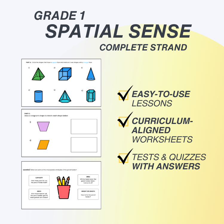 Educational materials for Grade 1 Spatial Sense with shapes and worksheets on a gradient background.