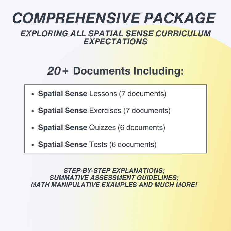 Promotional text for a comprehensive spatial sense curriculum package with document list and features.