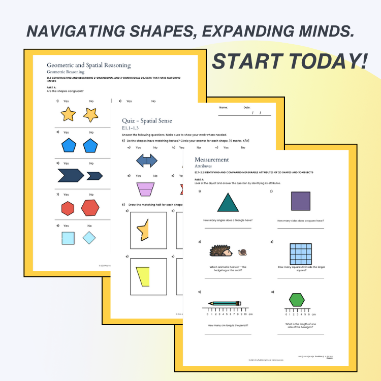 Educational worksheet on geometric shapes with a yellow border and text overlay.