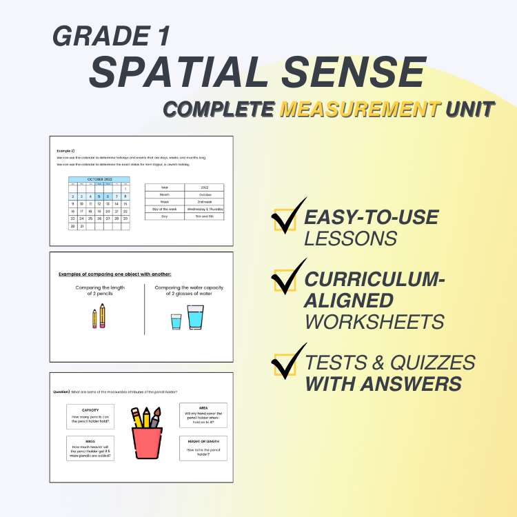 Grade 1 Spatial Sense Complete Measurement Unit with curriculum-aligned worksheets and tests on a gradient background.