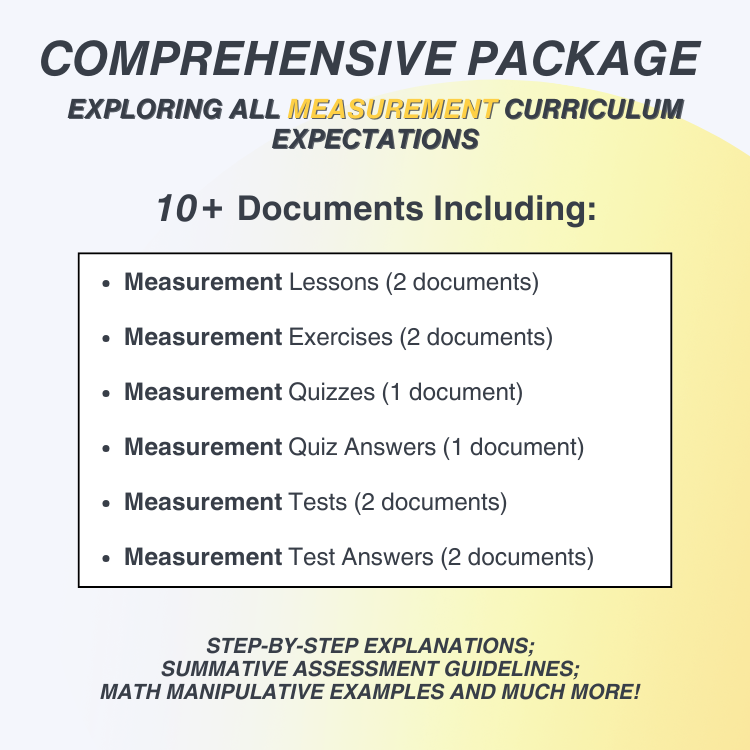 Promotional text for a comprehensive measurement curriculum package with various documents and explanations.
