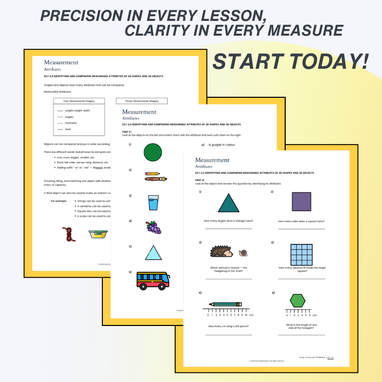 Educational measurement worksheet with shapes and measurements on a yellow background