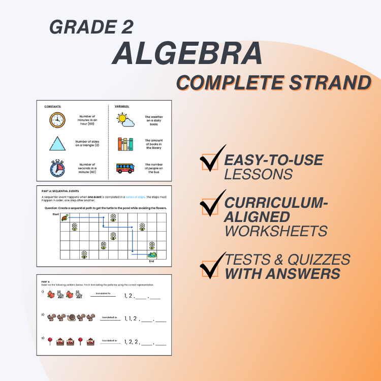 Educational materials for Grade 2 Algebra complete strand with checkmarks indicating features.