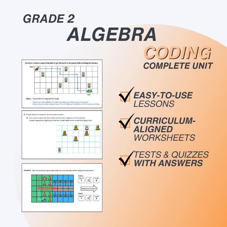 Grade 2 Algebra Coding Complete Unit with curriculum-aligned worksheets, tests, and quizzes on a gradient background.