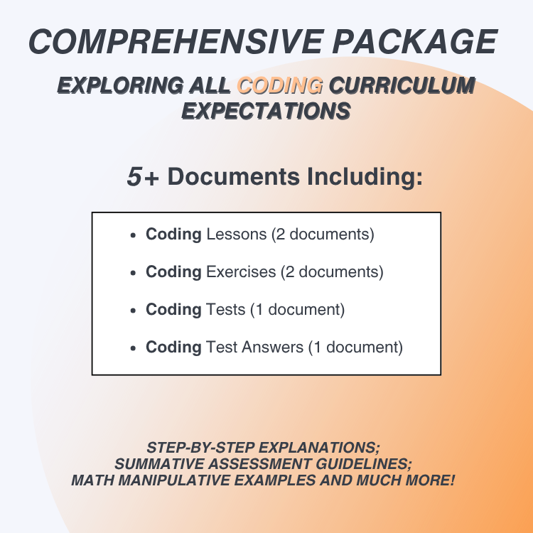 Promotional text for a comprehensive coding curriculum package with document list on a gradient background