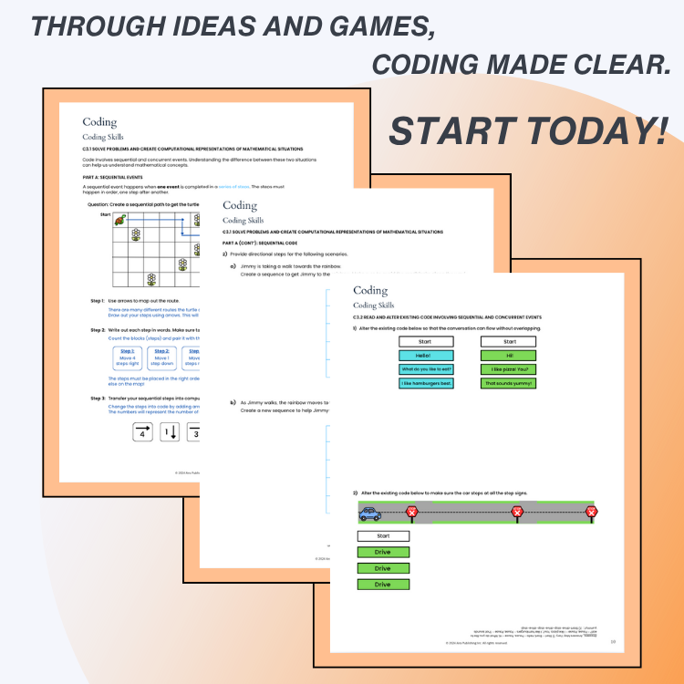 Screenshots of coding tutorials with text 'Through ideas and games, coding made clear. Start today!' on an orange background.