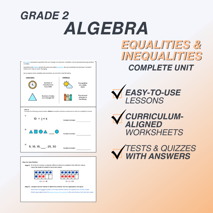 Promotional graphic for Grade 2 Algebra unit on equalities and inequalities with curriculum-aligned worksheets and assessments.