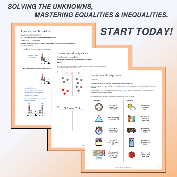 Educational posters on equations and inequalities with text 'Solving the Unknowns, Mastering Equalities & Inequalities. Start Today!'.