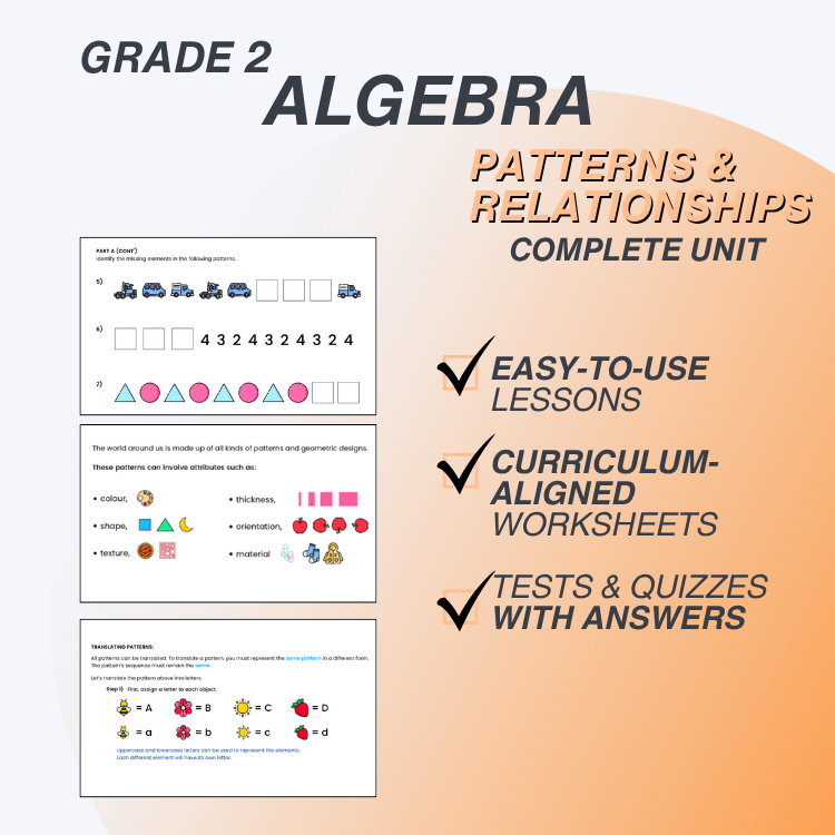 Grade 2 Algebra patterns and relationships unit with worksheets and tests on a gradient background