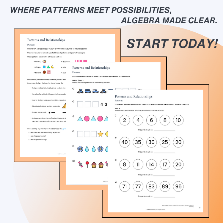 Educational materials with algebraic patterns and relationships on a white background.