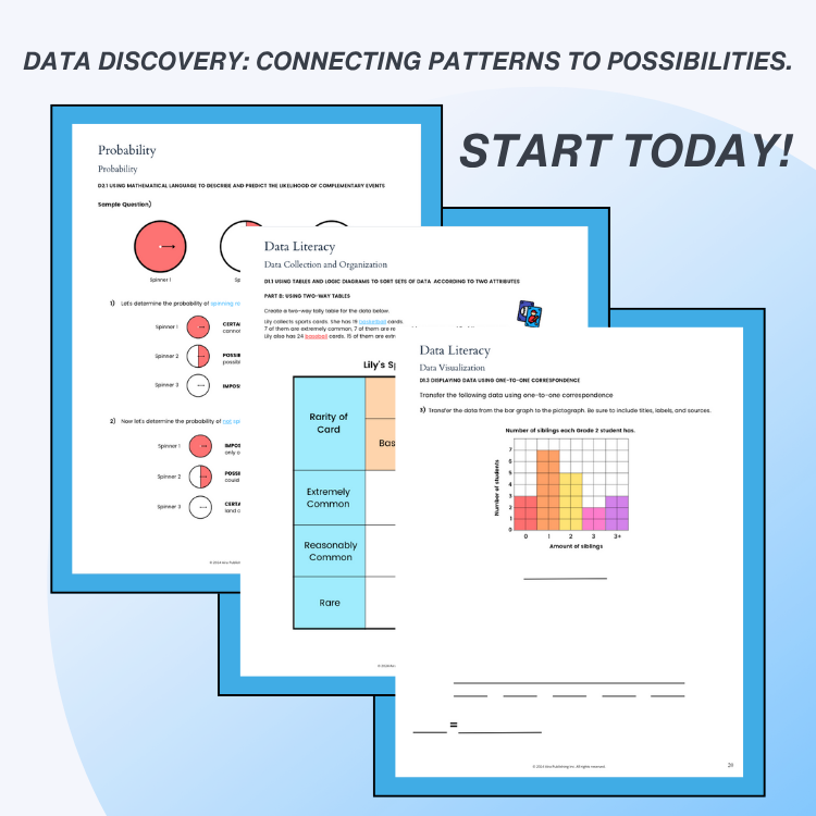 Educational materials on data literacy with charts and text, framed by a blue border.