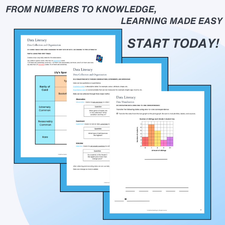 Educational materials with charts and text on a light blue background, promoting data literacy.