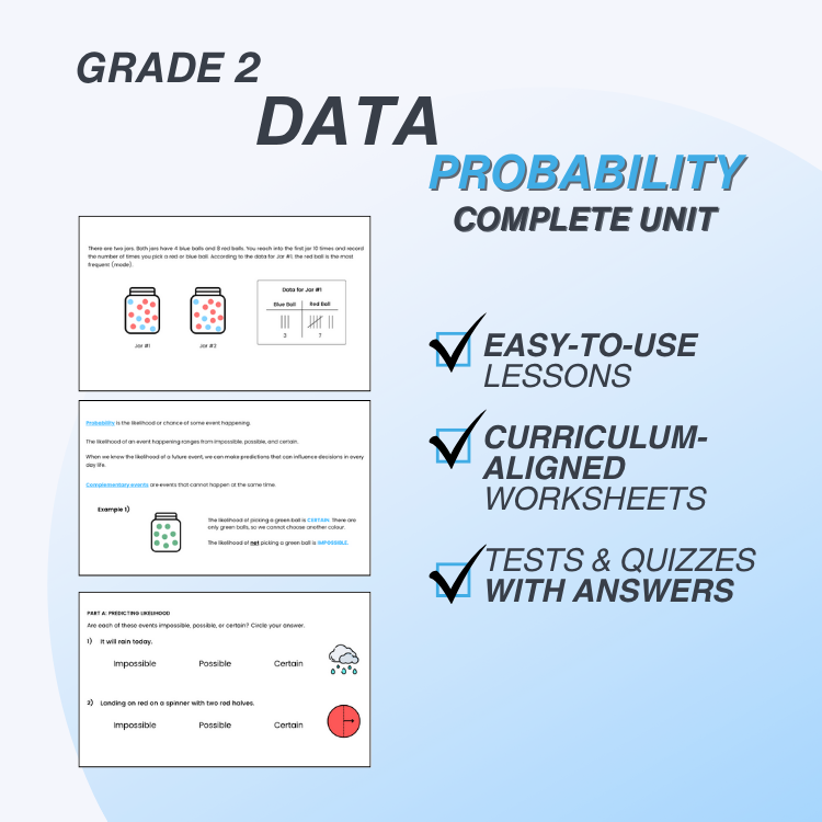 Grade 2 Data Probability Complete Unit with checkmarks for easy-to-use lessons, curriculum-aligned worksheets, and tests & quizzes with answers on a light blue background.